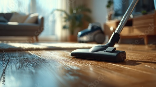 Wallpaper Mural A close-up view of a vacuum cleaner on polished wooden flooring in a well-lit, modern living space. Torontodigital.ca