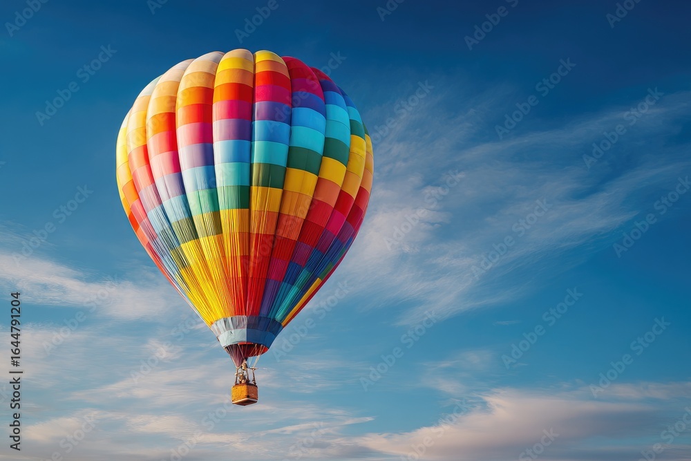 Fototapeta premium Colorful hot air balloon soaring in a vibrant blue sky dotted with wispy clouds