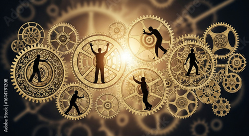 Silhouettes of a team collaborating to operate a complex machine of interconnected industrial cogs.