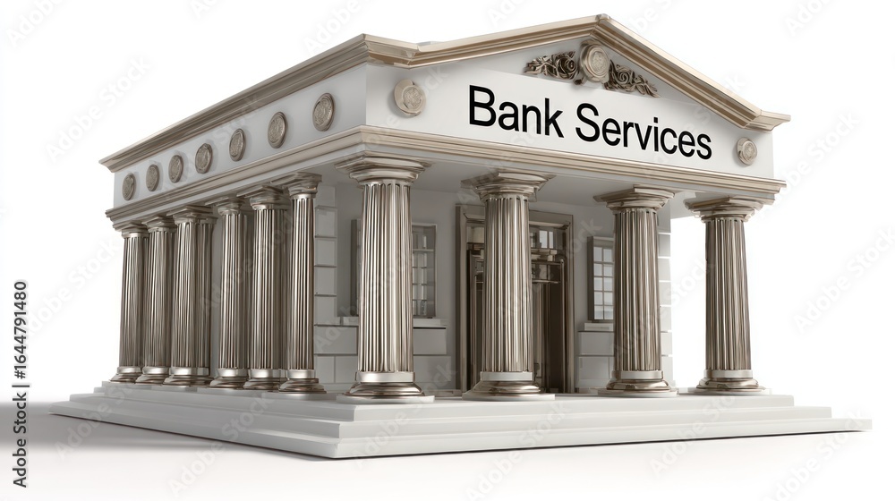 Obraz premium Classic Bank Building: A timeless architectural rendering depicts a classic bank building, its grand columns and detailed facade symbolizing stability and security, evoking trust and reliability.