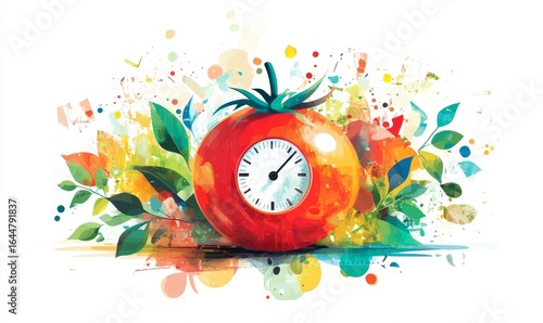 Pomodoro Technique concept, featuring a vibrant red tomato-shaped kitchen timer surrounded by colorful, abstract illustrations symbolizing time management, productivity, Generative AI