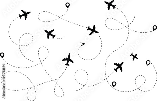 Multiple airplanes flying on dotted lines connecting location pins across a white background