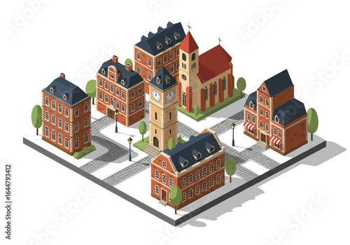 Isometric illustration of a charming European-style town with colorful historic buildings, cobblestone streets, vintage car, and trees, perfect for architecture, tourism, and cityscape concepts