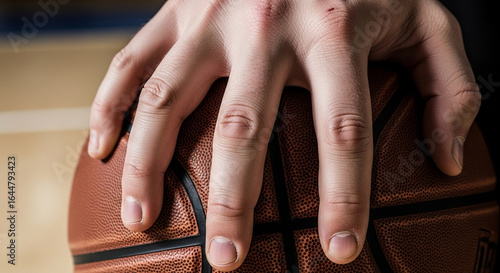 A close-up shot of a person's hand gripping a basketball on a court.