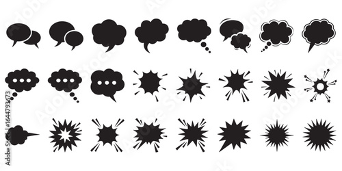 Comic burst explosion vector, comic boom elements, and speech bubbles in black silhouettes. Ideal for comic designs, pop art, and retro style illustrations