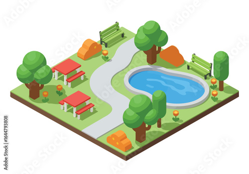 Isometric illustration of a public park with green trees, benches, walking path, pond, flowers, swing set, and street lamp, ideal for nature, recreation, and outdoor leisure concepts