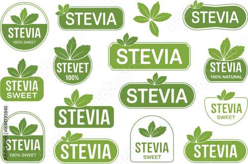 Collection of various green stevia leaf logos and labels for natural sweetener products