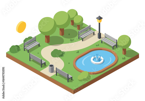 Isometric illustration of a public park with green trees, benches, walking path, pond, flowers, swing set, and street lamp, ideal for nature, recreation, and outdoor leisure concepts