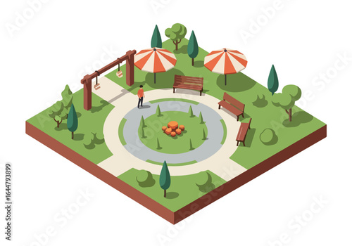 Isometric illustration of a public park with green trees, benches, walking path, pond, flowers, swing set, and street lamp, ideal for nature, recreation, and outdoor leisure concepts