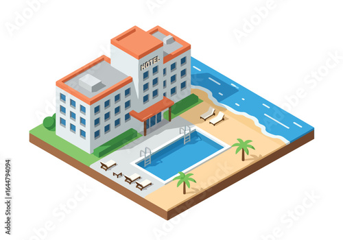 Isometric illustration of a luxury beachfront hotel with swimming pool, palm trees, and ocean view, perfect for tropical vacation, summer holiday, travel, and resort architecture concepts