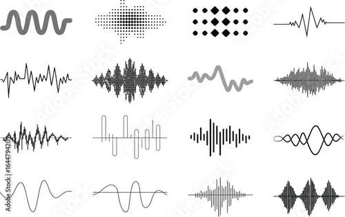 Collection of diverse abstract sound wave graphics and audio visualization patterns