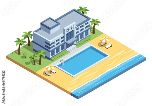 Isometric illustration of a luxury beachfront hotel with swimming pool, palm trees, and ocean view, perfect for tropical vacation, summer holiday, travel, and resort architecture concepts
