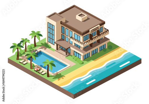 Isometric illustration of a luxury beachfront hotel with swimming pool, palm trees, and ocean view, perfect for tropical vacation, summer holiday, travel, and resort architecture concepts