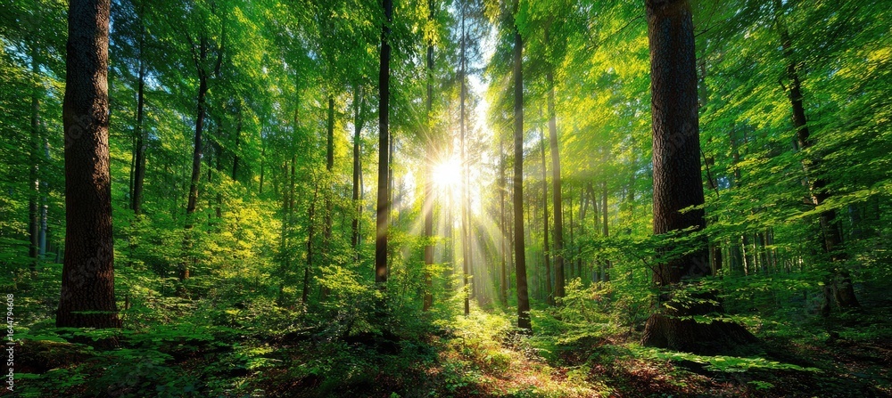 Obraz premium Sunlight streams through a vibrant, lush forest
