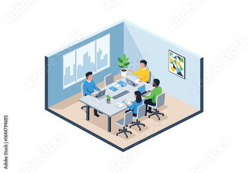Isometric illustration of a business meeting in a modern office with diverse team members discussing charts and analytics on laptops, ideal for corporate, teamwork, and presentation concepts