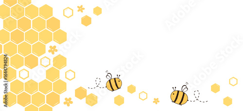 Beehive honey sign with hexagon grid cells, flower and bee cartoons on white background vector.