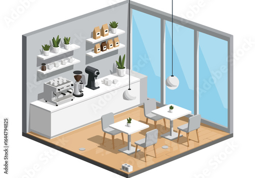 Isometric illustration of a modern coffee shop interior with tables, chairs, counter, coffee machines, display case of pastries, and minimal decor, perfect for cafe design and branding concepts