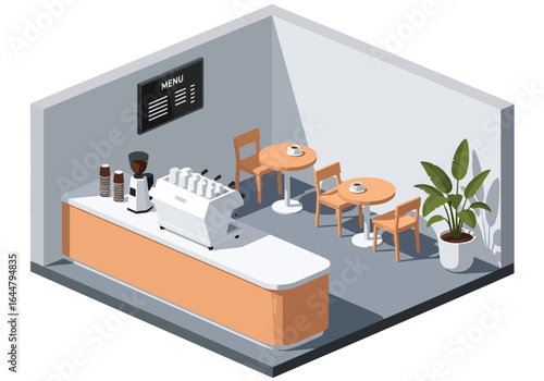 Isometric illustration of a modern coffee shop interior with tables, chairs, counter, coffee machines, display case of pastries, and minimal decor, perfect for cafe design and branding concepts