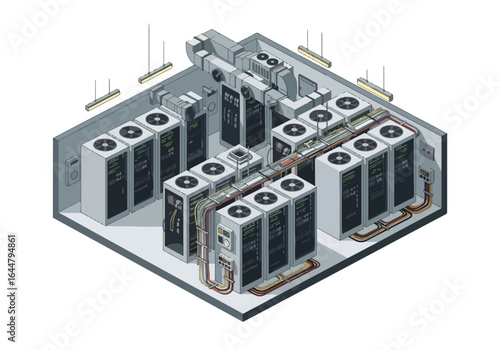 Isometric illustration of a modern data center with multiple server racks, network cabling, and a workstation for monitoring, representing cloud computing, hosting, and IT infrastructure