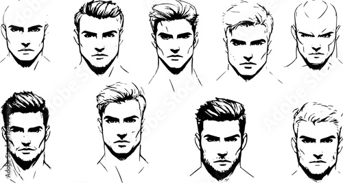Different men's hairstyles and haircuts, character design male heads.