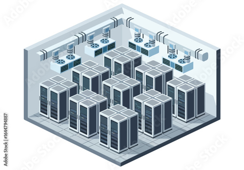 Isometric illustration of a modern data center with multiple server racks, network cabling, and a workstation for monitoring, representing cloud computing, hosting, and IT infrastructure