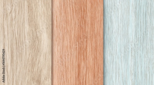 Three vertical wood grain textures in light beige, orange-brown, and light blue