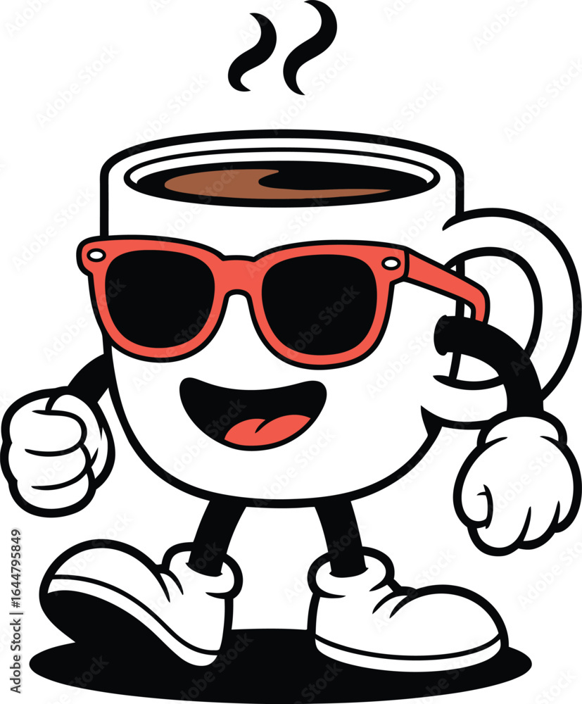 Funny walking coffee cup cartoon mascot with sunglasses and smile modern character vector illustration Funny walking coffee cup cartoon mascot with sunglasses and smile modern character vector illustration