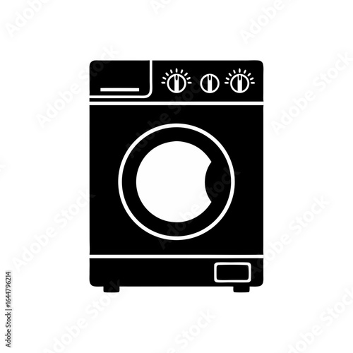 Household washing machine vector icon for laundry, clothes cleaning, home appliances, and domestic chores in solid black silhouette style.