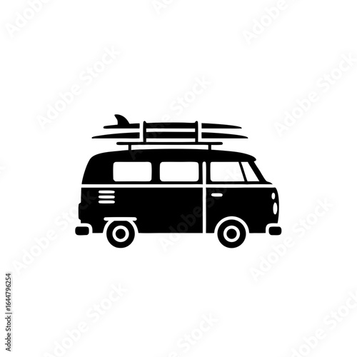 Camper van with roof luggage vector icon for travel, camping, road trips, outdoor adventure, tourism, and retro vehicle lifestyle in black silhouette style.