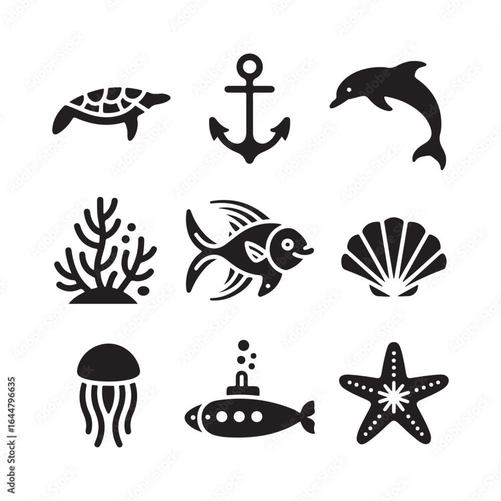 Fototapeta premium Sea Life & Nautical Silhouette Icon Bundle. Black Marine Vector Symbols Whale, Dolphin, Turtle, Fish, Coral, Anchor, Submarine, Shell, Starfish, Jellyfish Isolated on White Background 