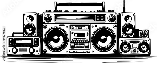 "Retro Boombox and Vintage Audio Equipment Line Art" vector