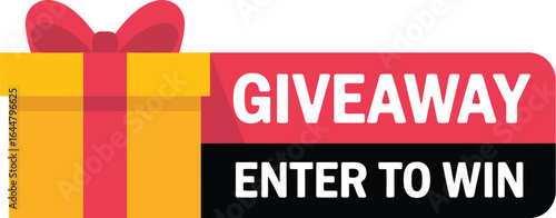 Yellow gift box with red ribbon and giveaway enter to win text