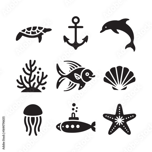 Sea Life & Nautical Silhouette Icon Bundle. Black Marine Vector Symbols Whale, Dolphin, Turtle, Fish, Coral, Anchor, Submarine, Shell, Starfish, Jellyfish Isolated on White Background
