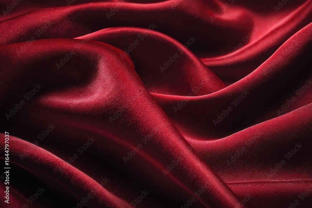 Obraz premium Close-up of deep crimson silk drapery. Flowing, luxurious folds of rich red fabric. Smooth, lustrous texture