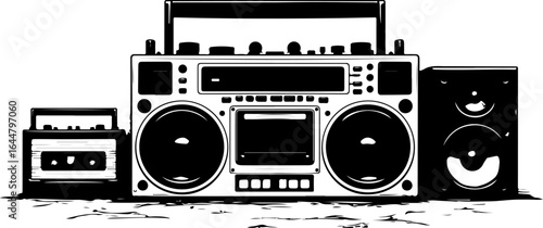 "Retro Boombox and Vintage Audio Equipment Line Art" vector