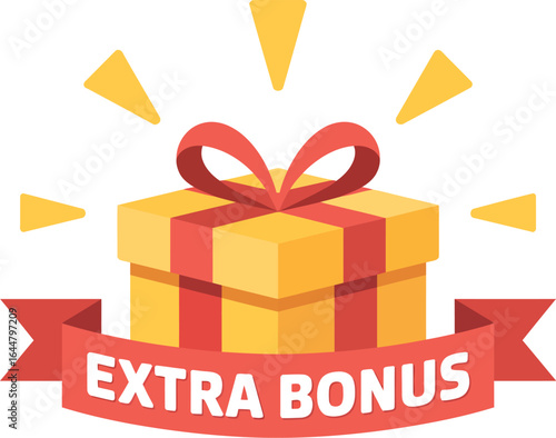 Bright yellow gift box with red ribbon and extra bonus text