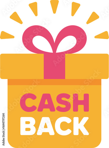 Bright yellow gift box with pink ribbon and cashback text illustration