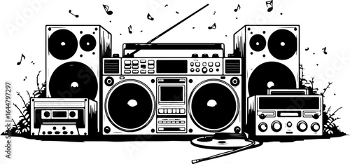 "Retro Boombox and Vintage Audio Equipment Line Art" vector