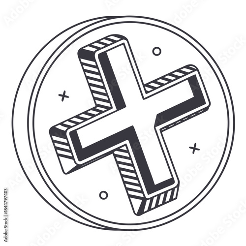 3d plus symbol inside a circle with abstract shapes