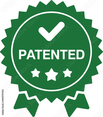 Green patented seal with checkmark and stars on white background