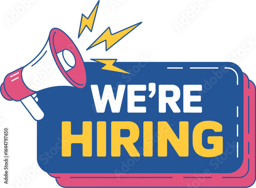 Megaphone announcing we are hiring with lightning bolts and blue sign