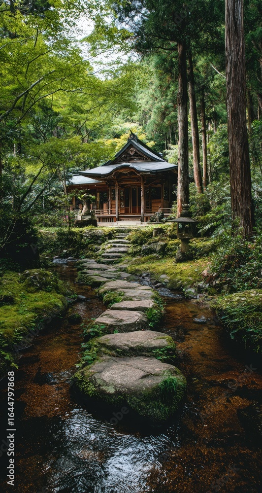 Serene stone path leads to a wooden temple nestled in a lush, moss-covered forest, alongside a gentle stream Serene stone path leads to a wooden temple nestled in a lush, moss-covered forest, alongside a gentle stream