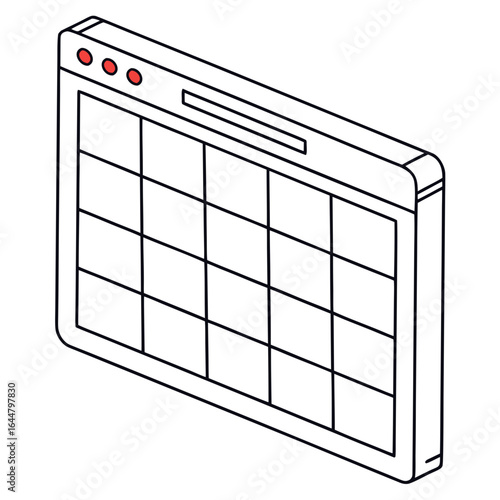 Isometric browser window with grid layout and red dots