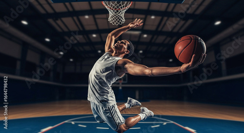 A muscular basketball player soars through the air, about to perform a powerful slam dunk on an indoor court.