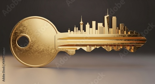 A golden key with a cityscape silhouette cut into the blade on a dark background with light reflection