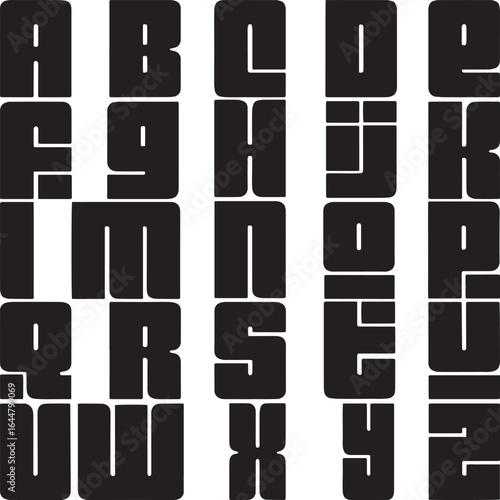Retro style bold geometric alphabet vector art, rounded corners, black and white letters.