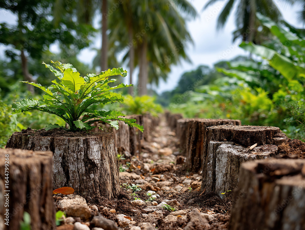 Fototapeta premium Fern sprouts anew among felled trees