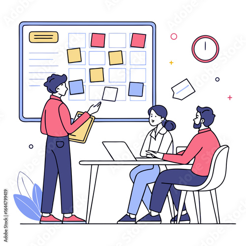 Team collaborating on a project using a task board and laptop