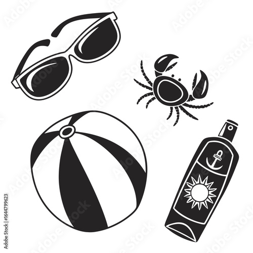 Beach vacation essentials sunglasses beach ball crab and sunscreen