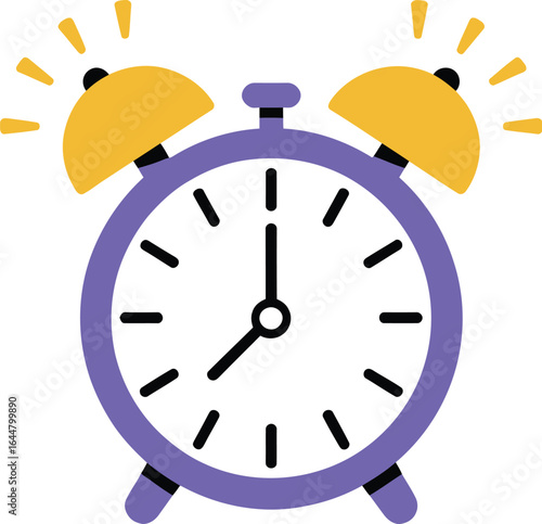 Retro style purple alarm clock ringing loudly on a light background